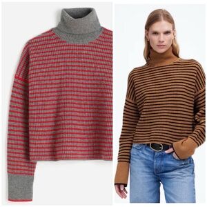 Madewell Merino Wool Red Waffle-Knit Turtleneck in Stripe